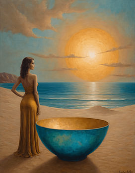 Traumlandschaft: Frau in goldenem Kleid am Strand bei Sonnenuntergang