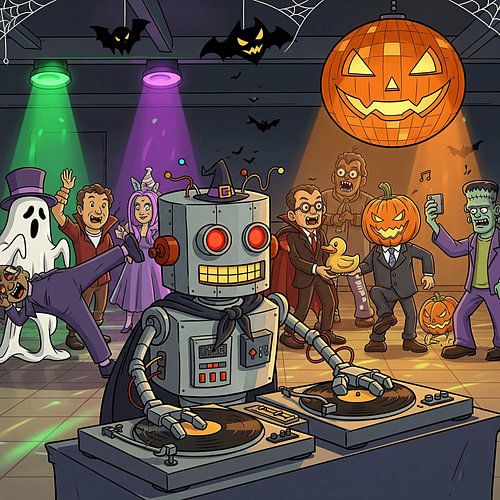 Roboter-DJ zeigt sich auf Halloween-Party