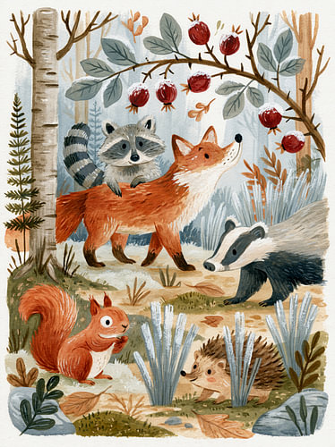 Les amis de la forêt en hiver, avec un renard, un blaireau, un hérisson et un écureuil