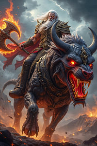 Dark Fantasy Wandbild: THORGRIM – Ein Zwergenkrieger reitet auf einem Ungeheuer in die Schlacht
