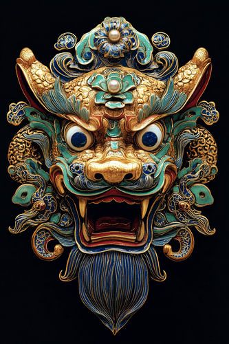 Gouden Wachtersmasker met Diepblauwe Cloisonné Accenten