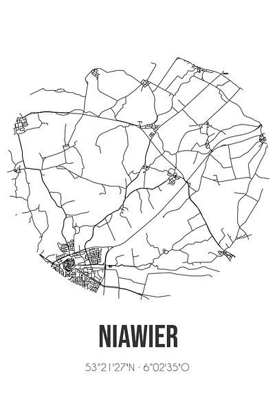 Niawier (Fryslan) | Karte | Schwarz und weiß von Ortsdrucke