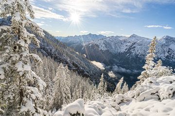 Plansee in de vallei op een mooie winterdag met blauwe lucht en veel verse sneeuw van Daniel Pahmeier