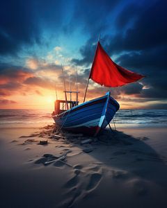 Blaues Boot, rote Fahne