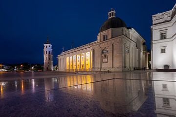 Kathedraalplein in Vilnius in de avond met de klokkentoren van Robert Ruidl