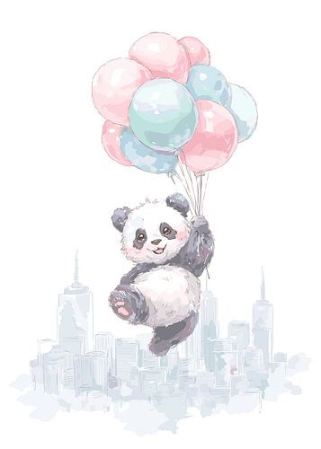 Schwebender Panda mit Ballons über Stadt