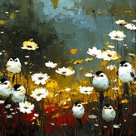 Stattmeisen in einem bunten Feld mit Gänseblümchen von KRAB
