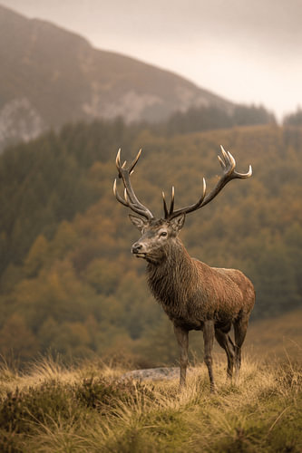 Majestic Stag – Cerf élaphe dans un paysage montagneux brumeux (œuvre d'art)