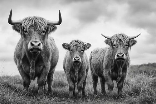 Schotse Hooglanders in de wind – krachtig zwart-wit portret