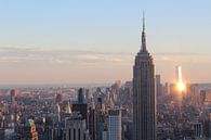 Uitzicht op New York tijdens zonsondergang inclusief One World Trade Center en Empire State Building van Phillipson Photography thumbnail