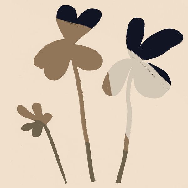 Abstract minimalist botanical. Flowers in brown and black on beige. by Dina Dankers