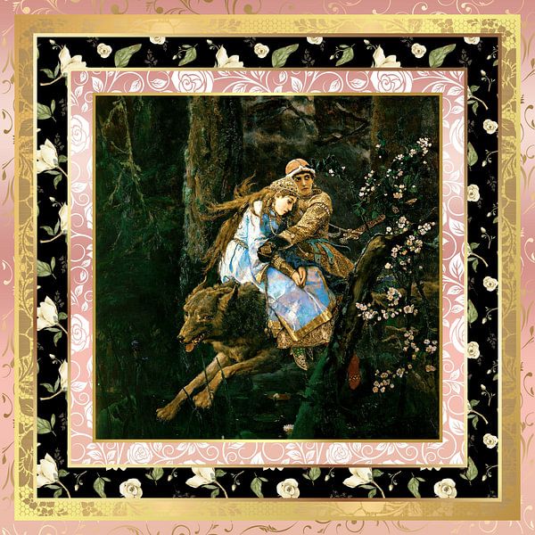 S.F. Remastered Pink Border Version of Ivan Tsarevich on the Grey Wolf by Viktor Vasnetsov by Silver Fox Art Decor