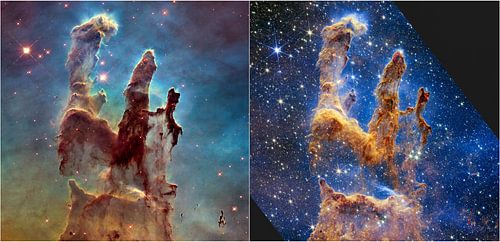 Pillars of Creation (Hubble and Webb - Side by Side) van Space and Earth