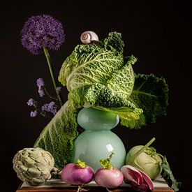Still life green cabbage with turquoise vase by Willy Sengers
