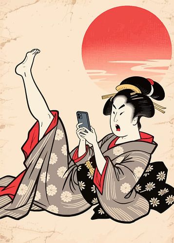 Ukiyo-e Absurd Comedy Poster - Doomscrolling Geisha Meme Kunst von MIROKKU