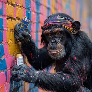 Rebellenaffe mit Sprühfarbe auf bunter Stadtwand von Felix Brönnimann