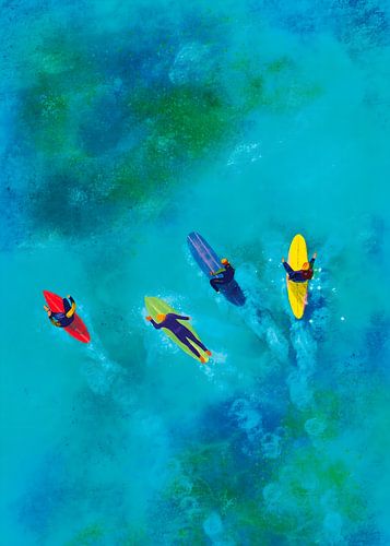Aerial View Surfers in Turquoise Ocean Illustration