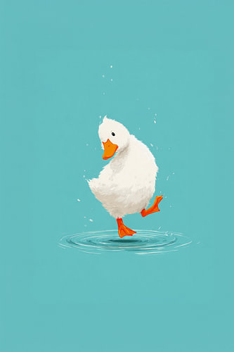 A dancing duckling with cheerful charm and a playful lightness, in soft pastel colours
