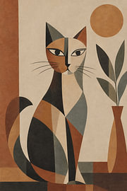 Abstrakte Katzenkunst im Bohème-Stil, geometrische moderne Katzenkunstwerke, minimalistische Katzenmotive in Erdtönen von Timeless Artworks