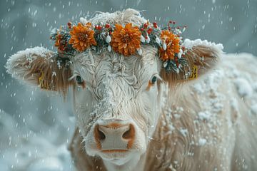 Bloemenpracht in het Zwarte Woud: koe met bloemenkrans - Levendige fotografie voor liefhebbers van het platteland van Poster Art Shop