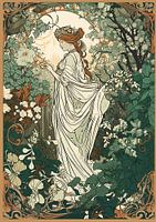 Femme dans un jardin luxuriant, style Alphonse Mucha