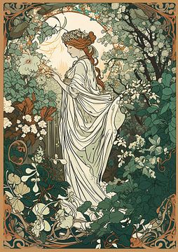 Vrouw in weelderige tuin, stijl Alphonse Mucha van Jan Bechtum