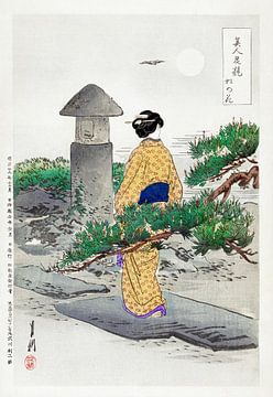 Volle maan en pijnboom (1896) door Ogata Gekko, traditionele Japanse ukiyo-e