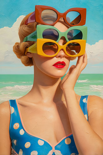 Retro Pop Art Beach Portrait with Colorful Sunglasses – Maximalist Summer Wall Art with Vintage Glam