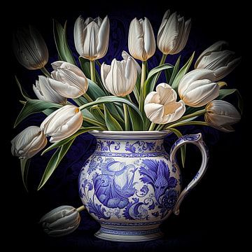 Tulip mania and Delft blue pottery still life by Vlindertuin Art