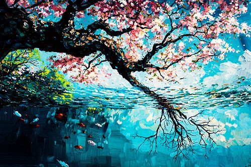 Bloeiende boom boven water