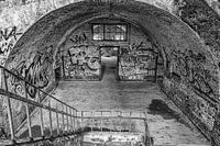 Stairs down Fort Chartreuse in black and white