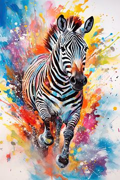 Running zebra in colourful watercolour by Richard Rijsdijk