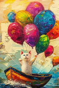 Niedliche Katze in einem Boot mit Luftballons von haroulita