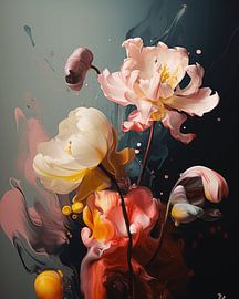 Flower explosion with paint against a dark background by Carla Van Iersel