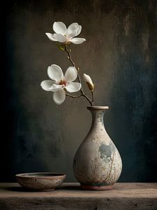 ZEN. Heiteres Stillleben einer Magnolienblüte auf einer organischen Vase.
