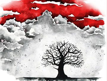 Schilderij van een kale boom met een rode zonsondergang van Eye on You