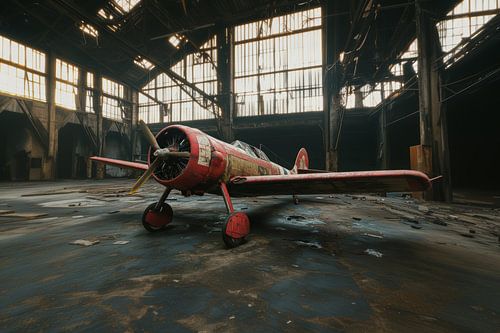 Verlaten vliegtuig rust op de grond van een vergeten industrieel gebouw
