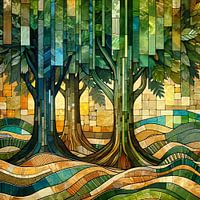 Collage/mozaiek 3 bomen in een Afrikaans bos op golvende grond