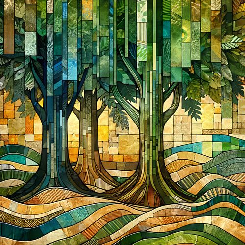 Collage/mozaiek 3 bomen in een Afrikaans bos op golvende grond