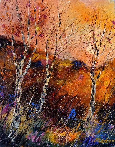 Drie berkenbomen in de herfst