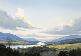 Flusstal-Landschaft mit Bergen und Wolken von Markus Gann