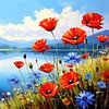 Paysage avec lac et coquelicots en été sur AidasignArt