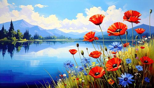 Landschap met meer en klaprozen in de zomer