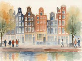 Aquarell von Grachtenhäusern mit Treppengiebeln.