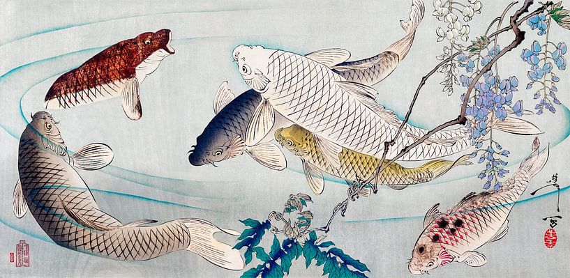 Zes karpers zwemmend onder blauwe regen, Tsukioka Yoshitoshi van Meesterlijcke Meesters