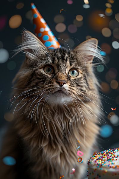 Lustige Katze Feiert Geburtstag mit Partyhut und Torte von Poster Art Shop