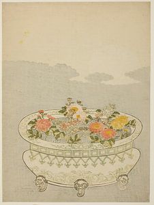 Suzuki Harunobu  - Chrysanthemums and the Rising Moon