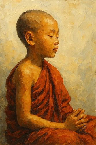 Kinderlijke sereniteit (jonge monnik meditatie Aziatisch acryl schilderij rust spiritualiteit)