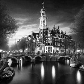 Amsterdam am Abend mit der Zuiderkerk AI