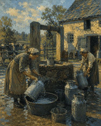 Morgendliche Wasserholarbeiten am Brunnen des Bauernhauses – Rustikale Wanddekoration im Landhausstil